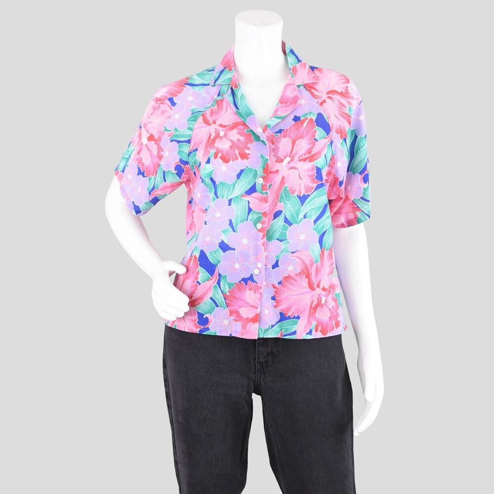 80s Pastel Hawaiian Button Down Shirt Women's Medium